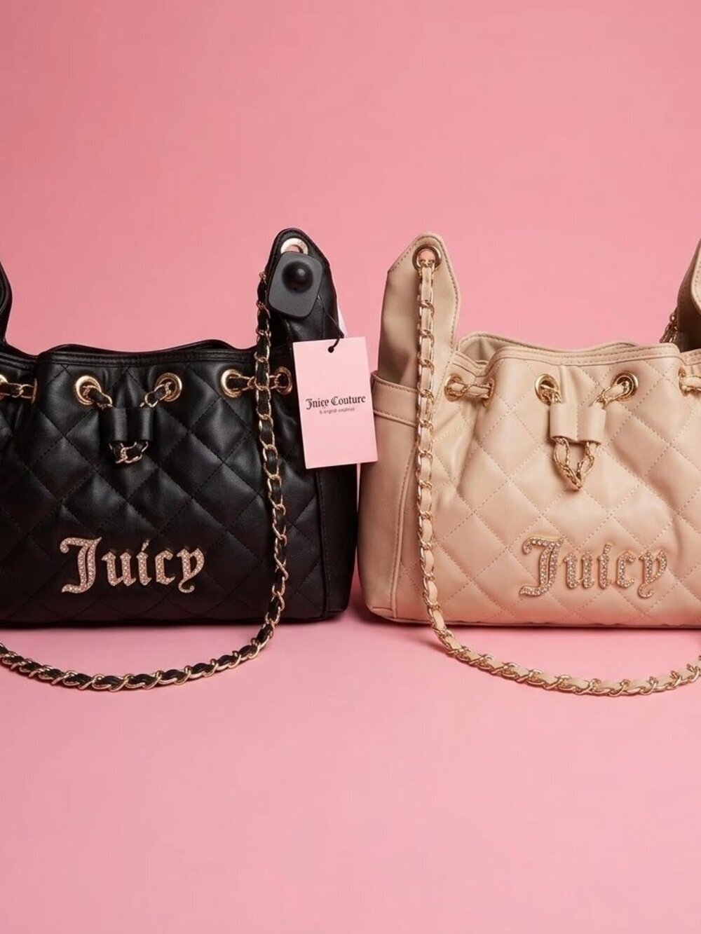 NWT Juicy Couture Black & Beige Bling Diamond Quilted Bag Bundle